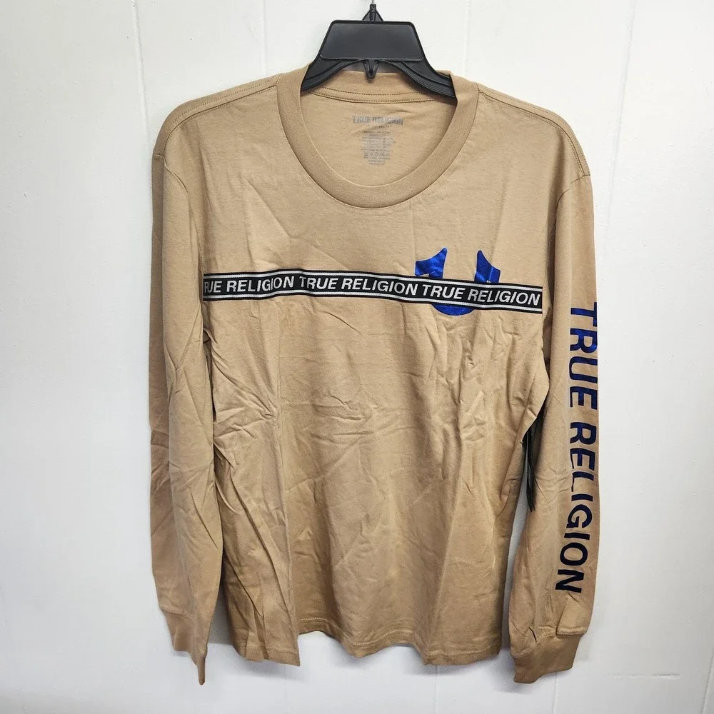 True Religion Shirt Mens 2XL‎ Beige Foil Taping Long Sleeve Logo Graphic XXL